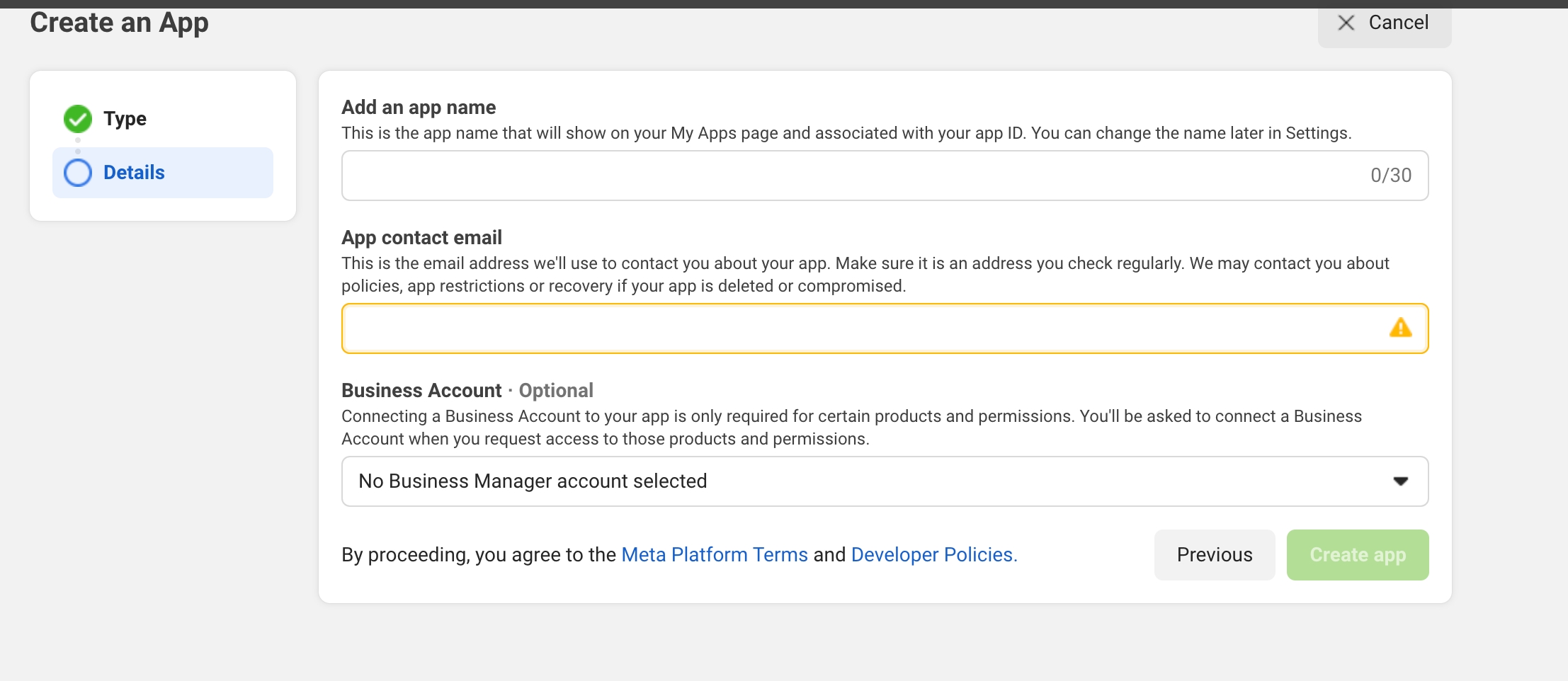 Enter the name for your Facebook app and contact email address.